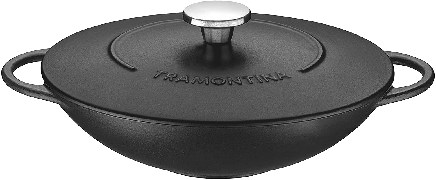 Tramontina Black Enamelled Cast Iron Wok, 32 cm