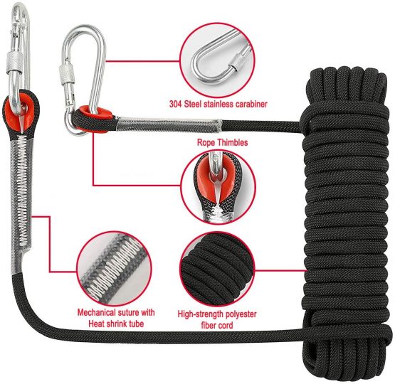 Outdoor Climbing Rope Diameter 10mm Outdoor Static Rock Climbing Rope, High Strength Cord Safety Rope Braid Nylon Rope, Escape Rope Fire Rescue Parachute Rope with 2 Carabiner, 10m / 20m - Image 2