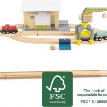 Small Foot 11377 Wooden Freight, Lorry,Train Engine, Sliding Doors,360-degree rotatable Crane and Tracks,Ages 3 Years and up Toys, Multicolored