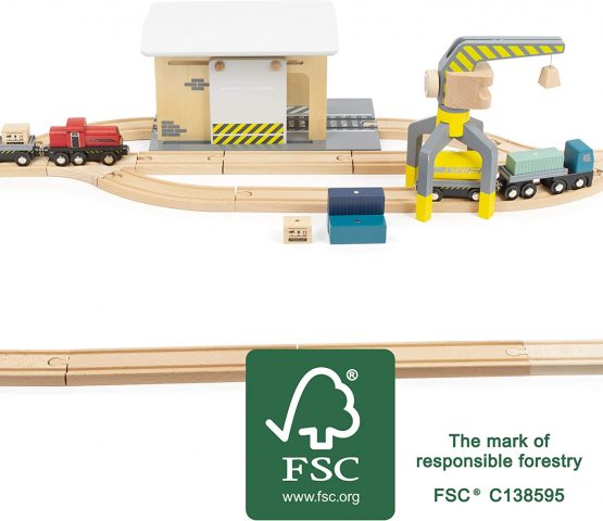 Small Foot 11377 Wooden Freight, Lorry,Train Engine, Sliding Doors,360-degree rotatable Crane and Tracks,Ages 3 Years and up Toys, Multicolored