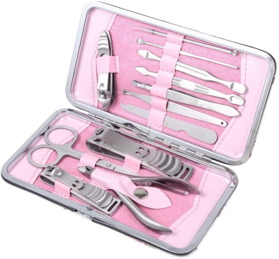 rayinblue 12pcs Stainless Steel Manicure Pedicure Set Nail Scissors Nail Clippers Kit With Pink Case