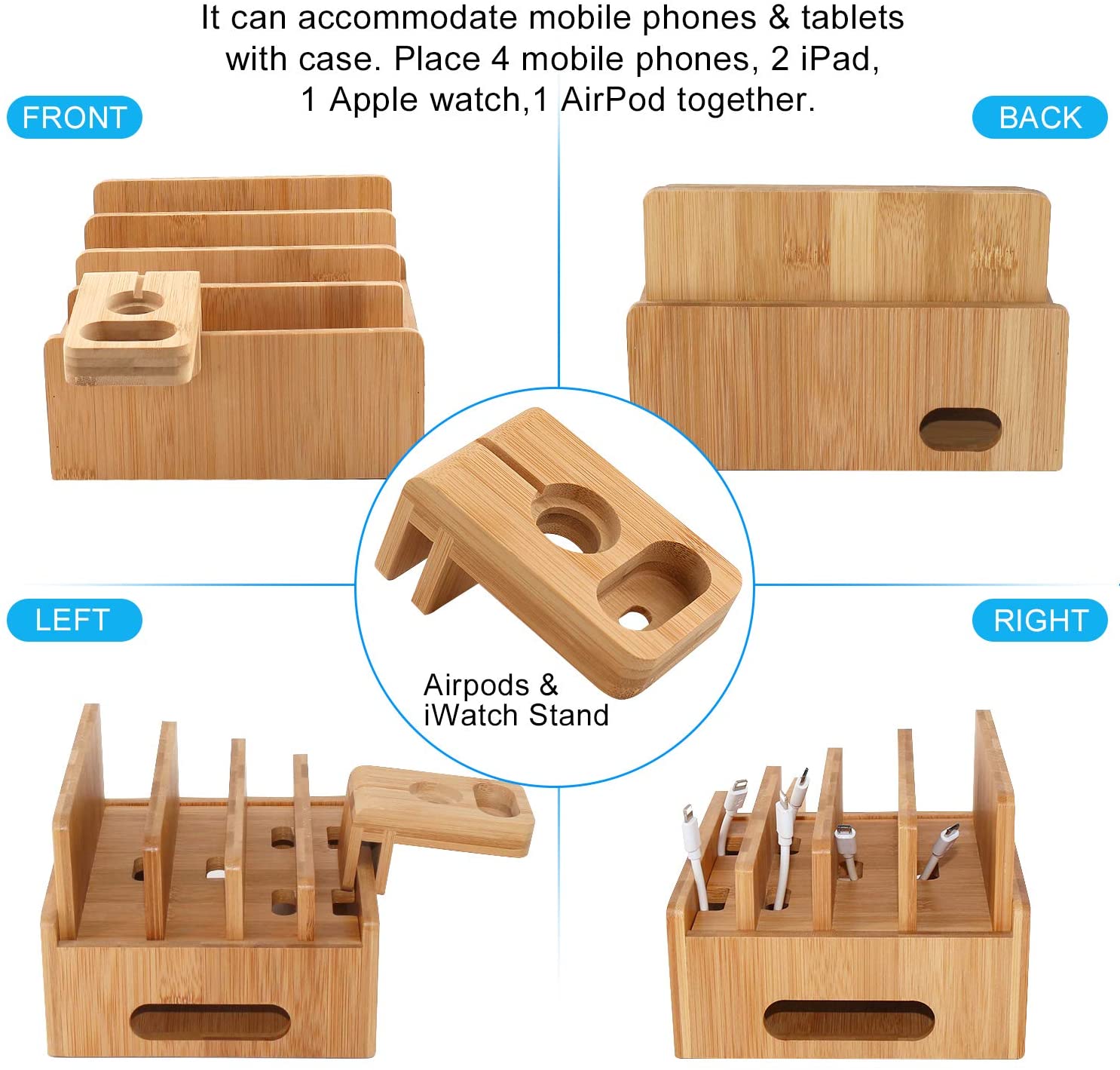 Bamboo Charging Stations Rack, for Multiple Devices Desktop Docking Station Organizer, for Cell Phones Tablet - Image 2