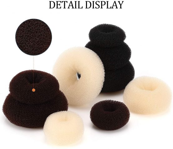 9 Pieces Donut Hair Bun Maker Shaper Foam Sponge Doughnut Bun Ring Style Set with 12 Pieces Hair Elastic Bands Ties and 32 Pieces Hair Bobby Pins for Women Girls Kids (Black, Brown and Beige) - Image 4
