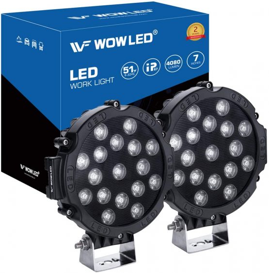 WOWLED 2 Pcs 51W 7inch LED Driving Light Spot Beam Work Lamp Offroad SUV 4WD 4X4 Truck Boat