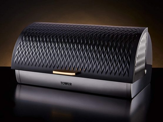 Tower T826090BLK Empire Roll Top Bread Bin, Stainless Steel, Black and Brass - Image 2