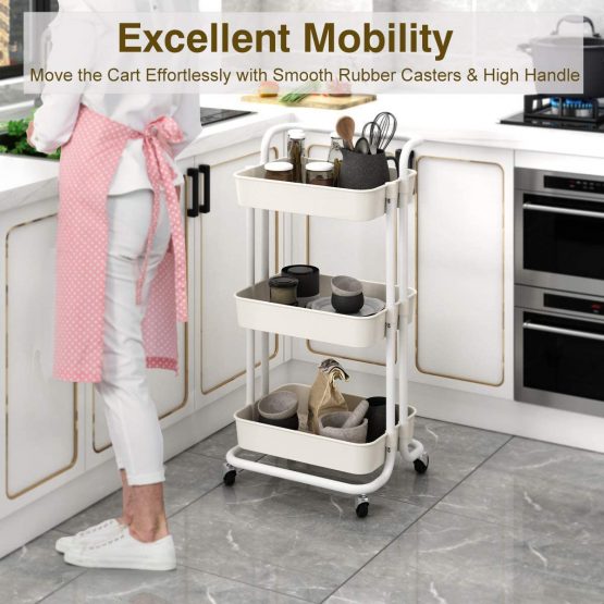 Storage Trolley Cart - 3 Tier Rolling Utility Organizer Rack, Craft Art Cart, Multi-Purpose Organizer Shelf, Tower Rack Serving Trolley for Office Bathroom Kitchen Kids’ Room Laundry Room, White - Image 3