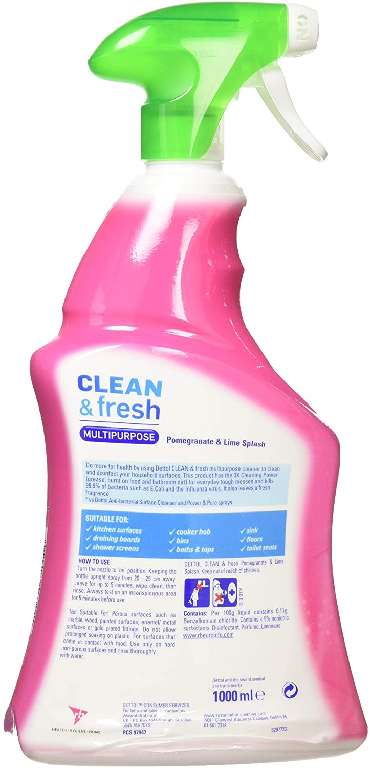 Dettol Power and Fresh Pomegranate and Lime Multi Purpose Spray 1000ml x3, Pomegranate & Lime Splash, 1 l (Pack of 3) - Image 2
