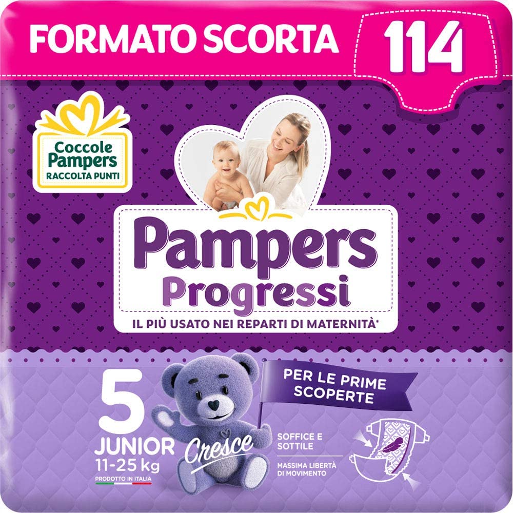 Pampers Progressi Junior 114 Nappies, Size 5 (11-25 kg), Purple