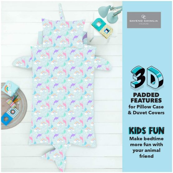Gaveno Cavailia 3D Panel Kids Duvet Set Narwhal Single Padded Feature Animal Shaped Bedding 2 Piece Printed Reversible Bedlinen Easy Care DuvetCover Bedset 1 Quilt Cover and 1 Pillow Case - Image 2