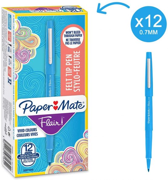 Paper Mate Flair Felt Tip Pens | Medium Point (0.7mm) | Sky Blue | 12 Count