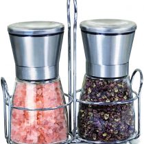 Salt and Pepper Mill Set with Stainless Stand, Adjustable Coarseness Refillable Salt and Pepper Grinder Set of 2, Ceramic Grinding Core and Durable Glass