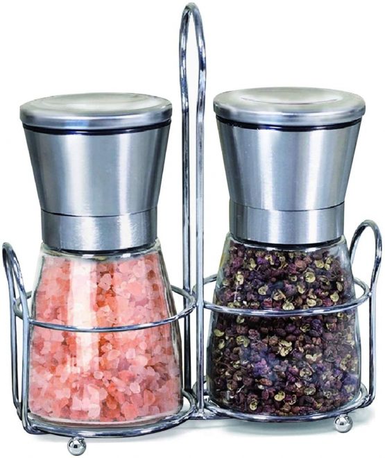 Salt and Pepper Mill Set with Stainless Stand, Adjustable Coarseness Refillable Salt and Pepper Grinder Set of 2, Ceramic Grinding Core and Durable Glass