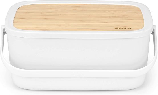 Brabantia 128288 Large Bread Bin with Wooden Serving Board and Handle - Light Grey