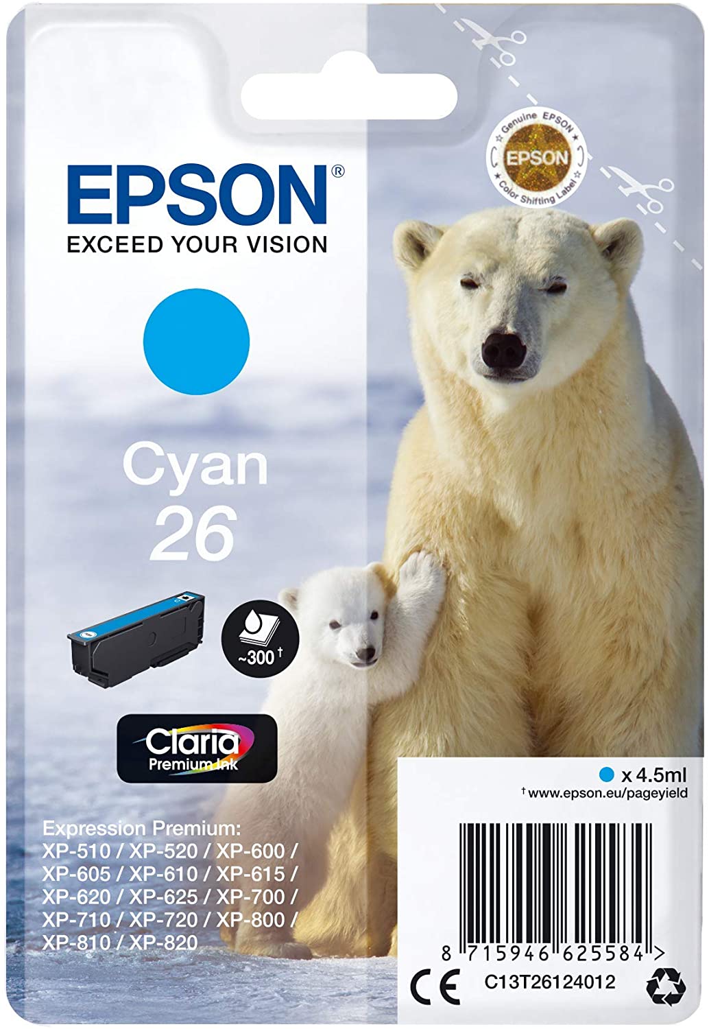 Epson 26 Polar Bear Cyan Genuine, Claria Premium Ink Cartridge, Standard Capacity