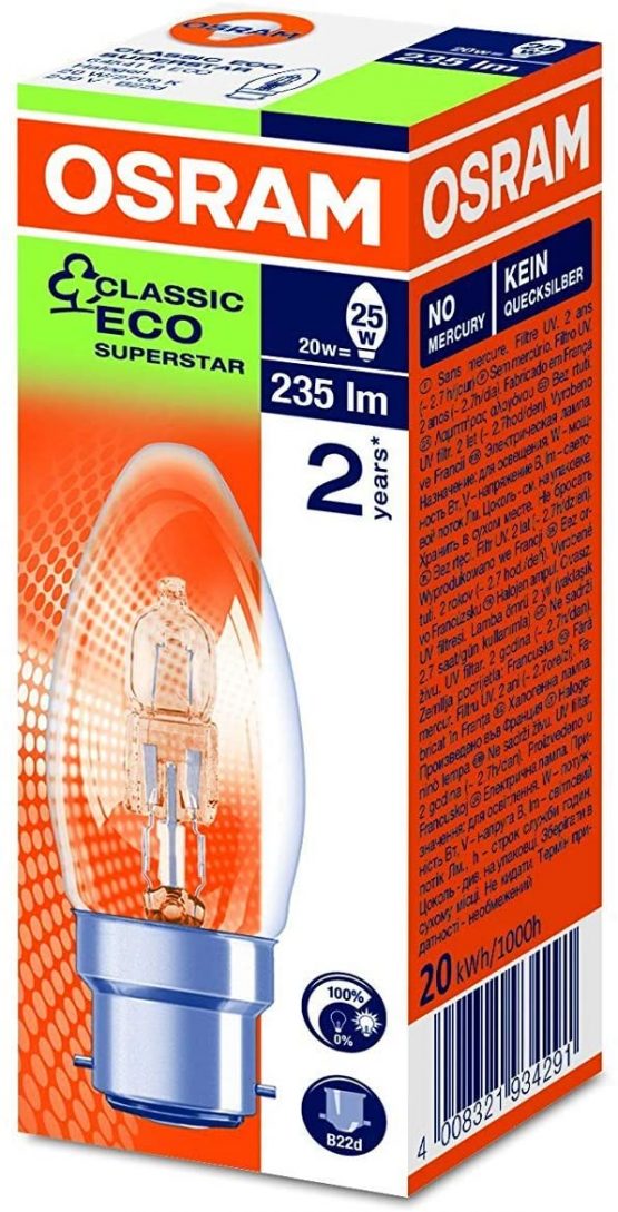 4 x OSRAM Classic Eco Superstar 20W (=25W) Candle BC B22 Halogen Energy Saving Light Bulbs, Bayonet Cap, Dimmable Lamps, 235 Lumen, Mains 240V
