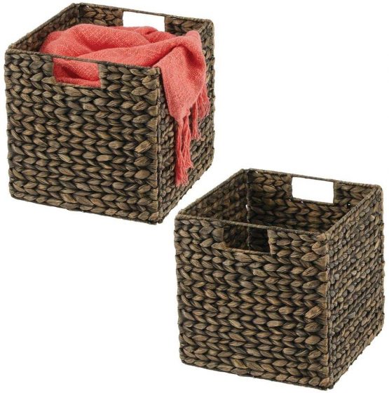 mDesign Set of 2 Storage Basket - Foldable Water Hyacinth Storage Box - Basket Storage Unit Ideal for Storing Clothes, Toys or Magazines - with Wickerwork Pattern - Natural