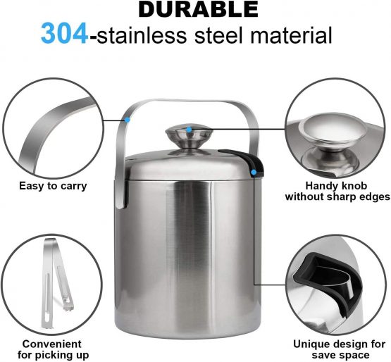 Ice Bucket Double Wall Insulated,with Lid,Strainer and Ice Tong, Stainless Steel Silver,Perfect for BBQs, Parties, Bars, Clubs, Restaurants - Image 4