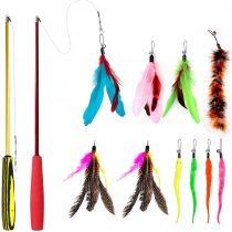 Famgee Feather Teaser Cat Toy - 2 Pcs Retractable Cat Toys Wand and 10 Replacement Refills Assorted Feathers Birds Worms Catcher with Bell, Interactive Teaser and Funny Exercise for Kitten Cats