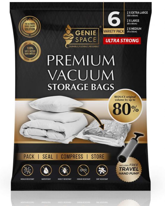 GENIE SPACE - Incredibly Strong Premium Space Saving Vacuum Bags Storage | Variety 6 Pack (2XL+2L+2M) | Airtight & Reusable | Create 80% more space | For Clothes, Towels, Bedding, Duvets and more