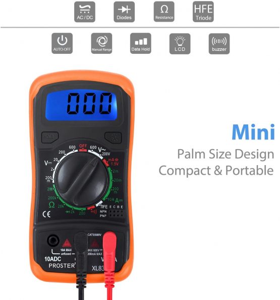 Digital Multimeter Portable Voltmeter Ammeter Ohmmeter with Test Leads Battery Mini Multi Tester Meter DMM with Backlight LCD for DC AC Voltage DC Current Resistance Diodes Transistor Audible Continuity - Image 2