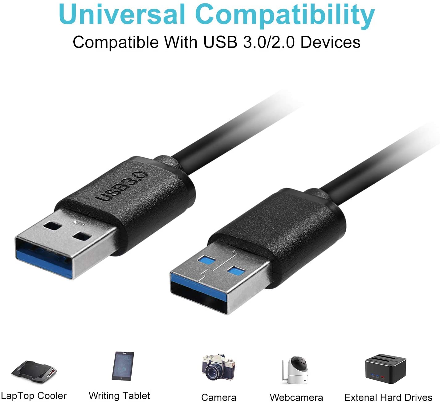 UYGHHK USB Cable, USB to USB 3.0 Type A Male to Male High Speed Data Transfer Lead for External Hard Drive Laptop Cooler, DVD - Image 3