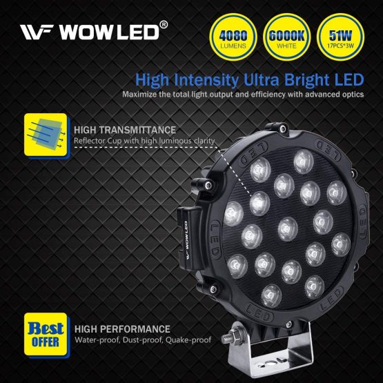 WOWLED 2 Pcs 51W 7inch LED Driving Light Spot Beam Work Lamp Offroad SUV 4WD 4X4 Truck Boat - Image 2