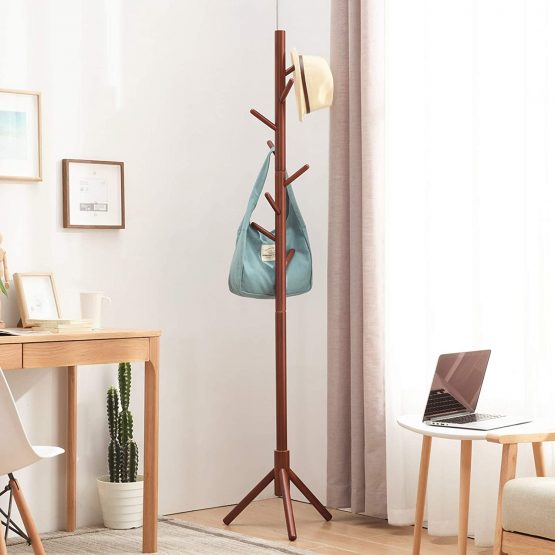 IBUYKE Wood Coat Rack Free Standing, Entryway Hall Tree Coat Tree, Adjustable Coat Tree with 8 Hooks, for Home or Office Clothes, Scarves, Handbags, Brown RF-1195 - Image 4