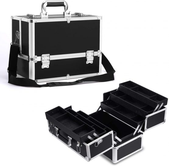 Stagiant Extra Large Makeup Case Professional Cosmetic Box Organiser Case 6 Trays with DIY Divider and Shoulder Strap (Black)
