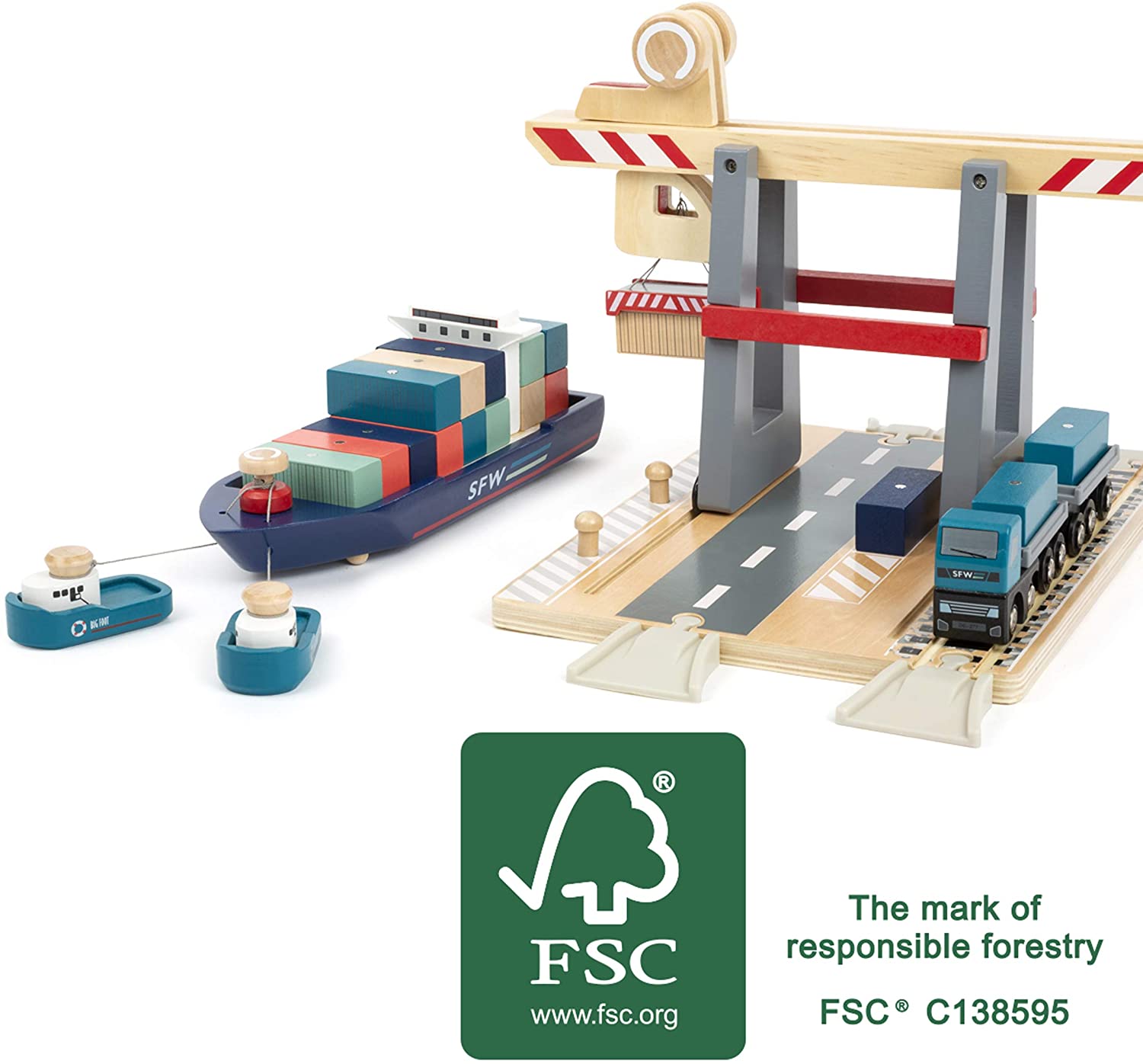 Small Foot 11378 Wooden Terminal, with Movable Container Bridge, and Accessories, for Ages 3+ Years Toys, Multicolored