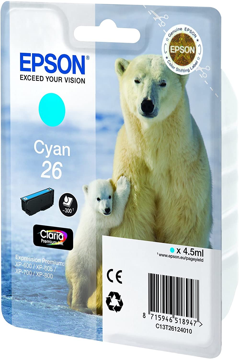 Epson 26 Polar Bear Cyan Genuine, Claria Premium Ink Cartridge, Standard Capacity - Image 2