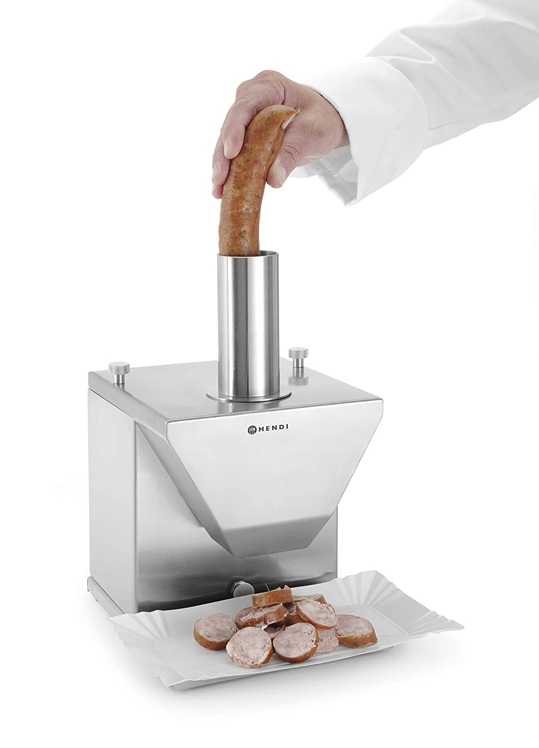 HENDI Sausage cutter, electric, curry sausage cutter, maximum diameter of 48mm, 230V, 135W, 230x185x (H) 325mm, silver