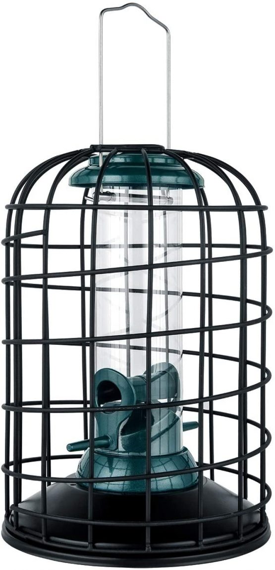 iBorn Squirrel Proof Bird Feeder with Squirrel, Pestoff Hanging Wild Bird Seed Feeder for Mix Seed Blends, Sunflower Heart, Birdbath, Heavy Duty All Metal Anti-UV Finishing, Green 8 Inch