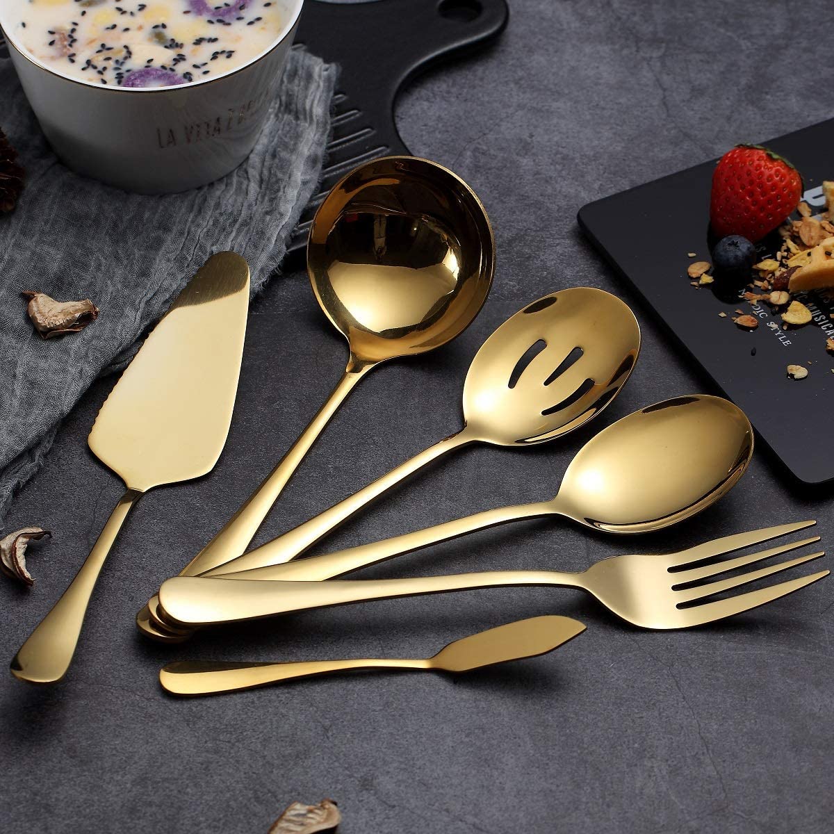 HOMQUEN 6-Piece Gold Serving Cutlery Silverware Set,Stainless Steel Serving Utensil Set,Include Cake Server - Image 3