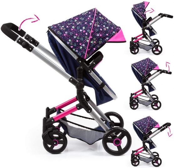Bayer Design 18417AA Stroller, Doll Combi Pram Neo Vario with Changing Bag and Underneath Shopping Basket, Foldable, Swivel Front Wheels, Blue with Hearts, Modern, Mermaid - Image 3