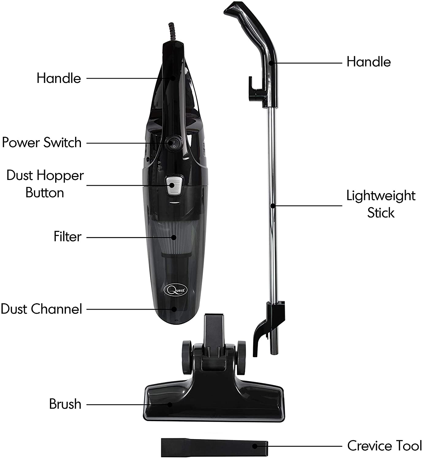Quest 44839 2-in-1 Bagless Vacuum Cleaner/Use Upright or Handheld/Lightweight Compact Design/HEPA Filter/Attachments Included / 600W Power/Black Colour - Image 3