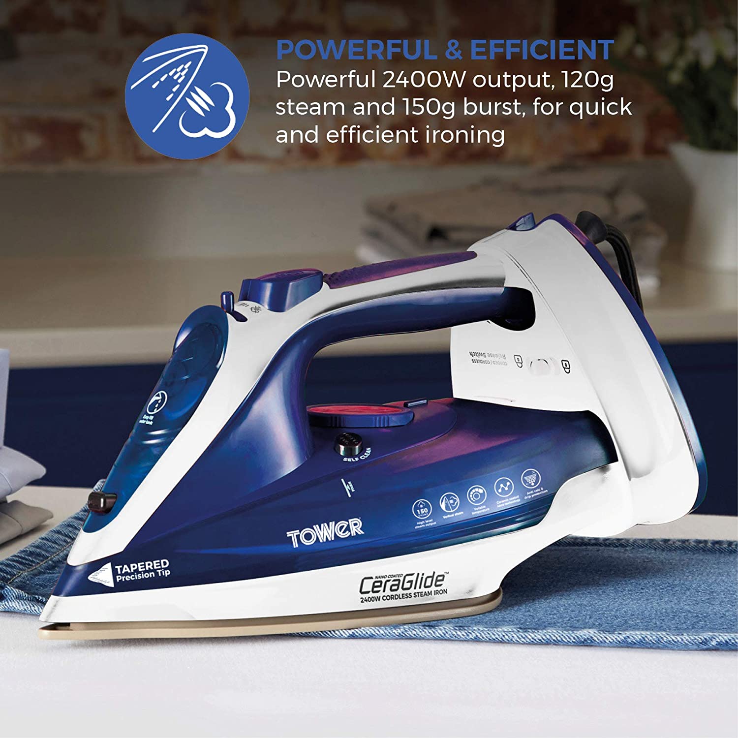 Tower T22008BLU CeraGlide Cordless Steam Iron with Ceramic Soleplate and Variable Steam Function, Blue - Image 3
