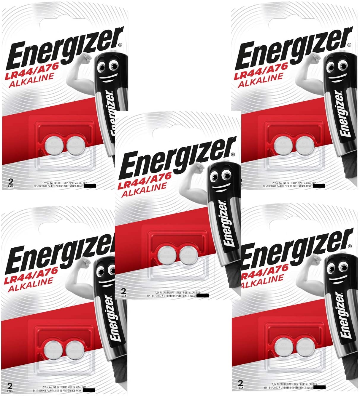 Energizer A76 / LR44 Alkaline Button Cell Batteries Pack of 10 Long Life (marked durability date), gray, 2 Count (Pack of 5)