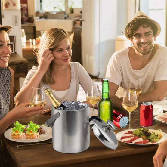 Ice Bucket Double Wall Insulated,with Lid,Strainer and Ice Tong, Stainless Steel Silver,Perfect for BBQs, Parties, Bars, Clubs, Restaurants - Image 2