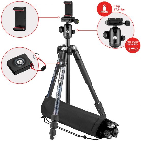 Manfrotto Element MII Camera and Phone Tripod, Travel Tripod in Aluminium with Ball Head and Bluetooth, for Smartphones and Compact Cameras, CSC, DSLR, Photography Accessories, Content Creation, Vlog