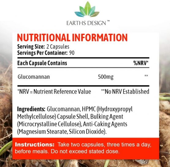 Glucomannan 500mg Pure Konjac Root Fiber 180 Capsules 1 Month Supply By Earths Design 7499