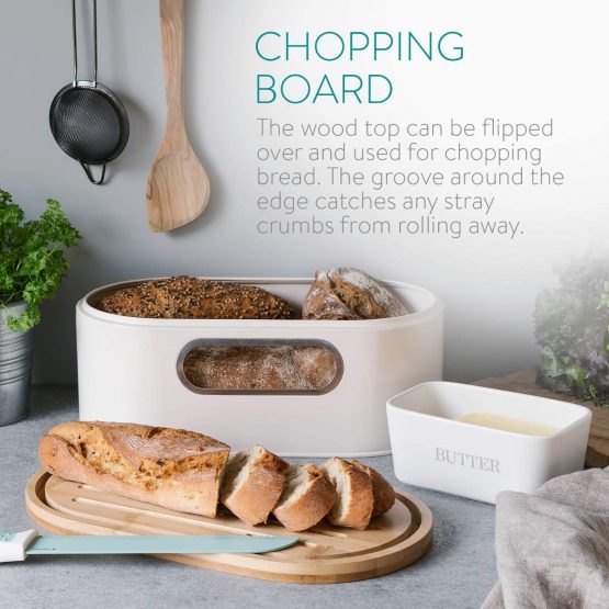 Navaris Bread Bin with Bamboo Lid - Green Colour Metal Storage Container with Window and Wooden Chopping Board Lid - Vintage Style Kitchen Box Tin - Image 3