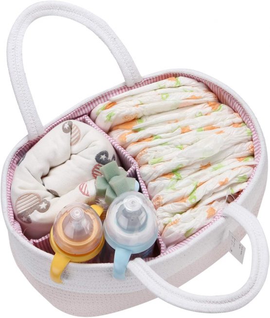 Hinwo Baby Diaper Caddy 3-Compartment Infant Nursery Tote Storage Bin Portable Car Organizer Newborn Shower Gift Basket Cotton Rope with Detachable Divider for Diapers & Wipes - Image 3