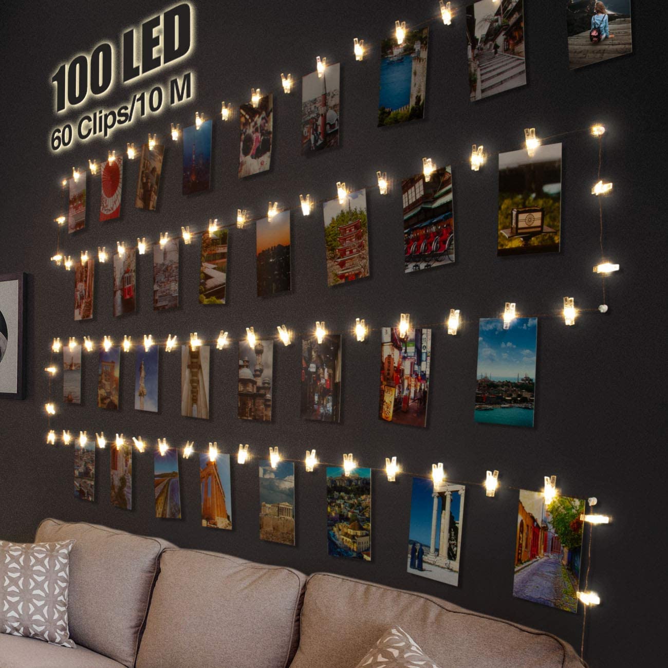 litogo 100 LED Photo Clip String Lights, 10M Battery Powered Fairy Lights with 60 Clips Hanging Photos