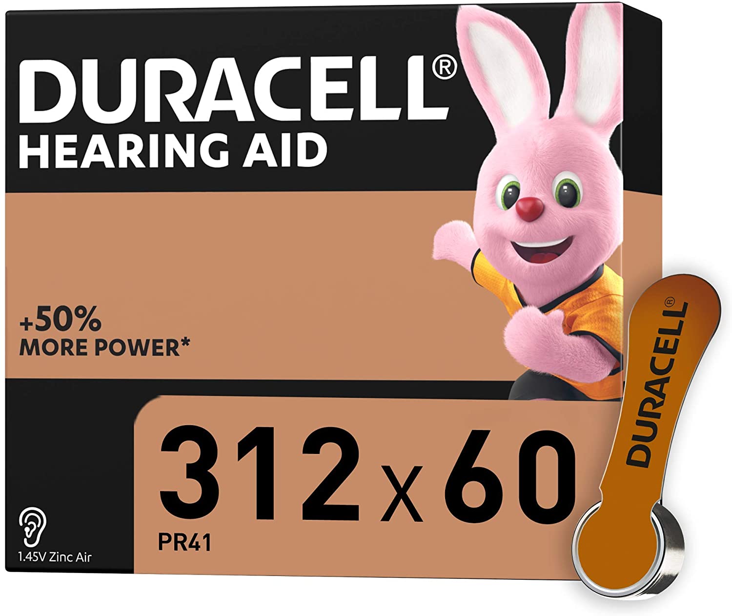 Duracell size 312 Hearing Aids batteries (pack of 60) +50% Extra Life, Easy Installation, 100% recyclable packaging