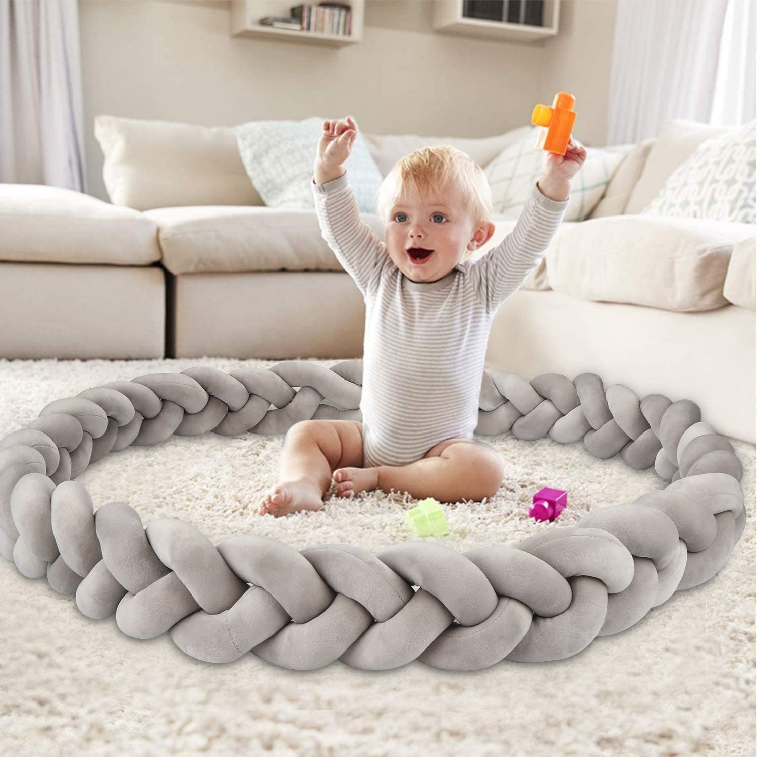 Braided Baby Crib Bumper,Baby Head Guard Bumper Knot Braid Cushion,3m