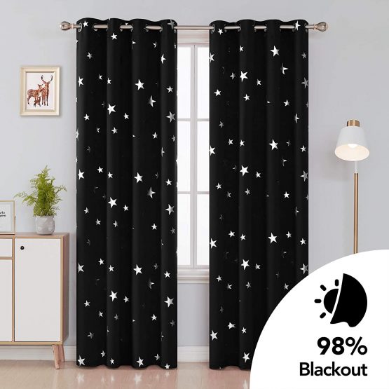 Deconovo Bedroom Eyelet Curtains Thermal Insulated Noise Reducing Star Foil Printed Blackout Curtains for Livingroom 55x114 Inch Black 2 Panels - Image 2