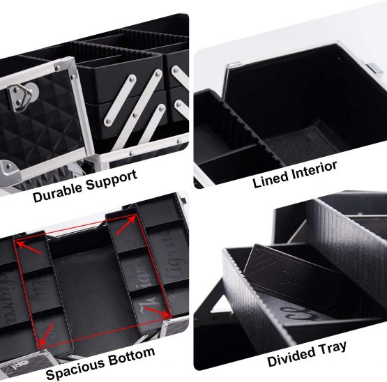 Joligrace Large Makeup Box Nail Polish Storage Vanity Case Nail Box 4 Trays Luggage Cosmetic Cases with Shoulder Strap Clasp Locks with Keys (Black) - Image 4