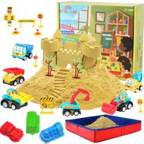 CROSOFMI Construction Moving Sand Kit 2lbs Sand with 6 Construction Vehicles 10 Road Signs and an Foldable Sandbox and Cool Sand Moulds and Sand Tools Toys for Boys Girls 3 4 5 6 7+ Year Old