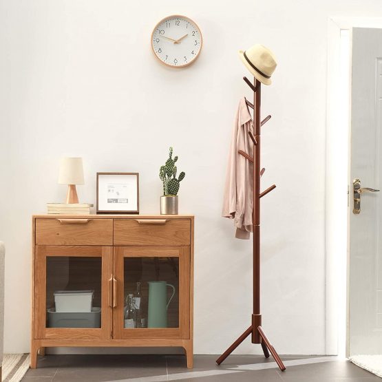 IBUYKE Wood Coat Rack Free Standing, Entryway Hall Tree Coat Tree, Adjustable Coat Tree with 8 Hooks, for Home or Office Clothes, Scarves, Handbags, Brown RF-1195 - Image 2
