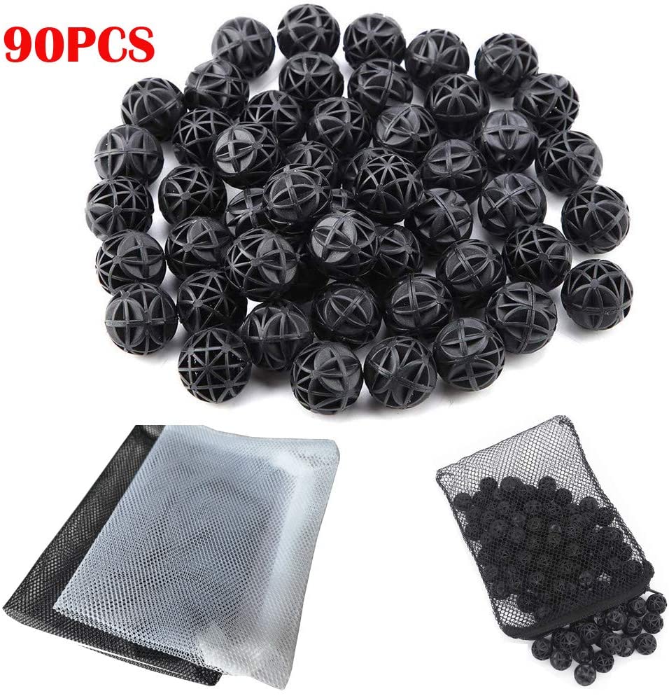 CESFONJER 90Pcs Bio Porous Filter Biochemical Ball Filter Media Water Filter Material with Cotton for Fish Tank Pond Aquarium Waterfall Fountain(18mm) + 2 Pcs Aquarium Media Filter Bag